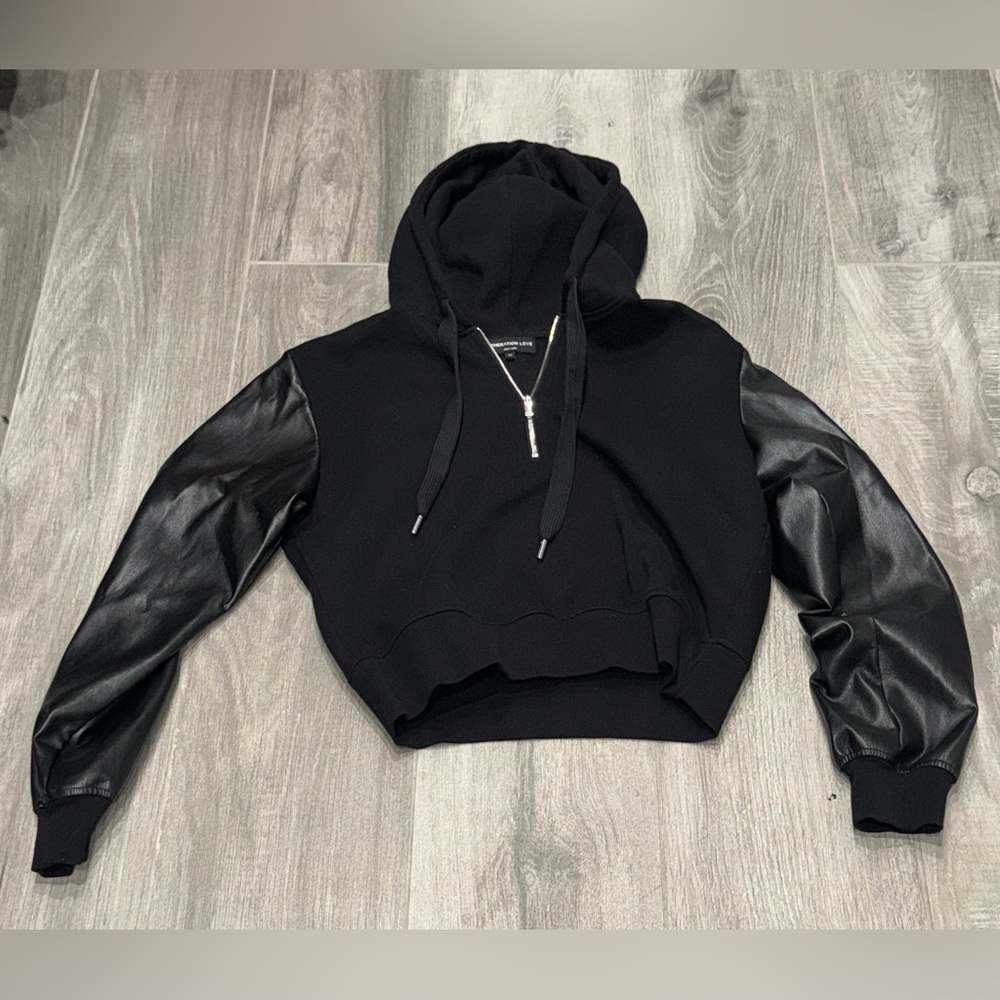 Like new Generation Love Black Hoodie with faux Leather-Style Sleeves -XS